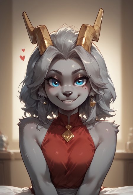 score_9, score_8_up, score_7_up, <lora:Sybil2500steps:1> Sybil, solo, furry girl, grey fur, grey hair, thick thighs, golden horn, bedroom eyes, grey skin, blue eye, giant boobs, beautiful body, perfect cute face, high detail, perfect cute face, high detail, smiling, looking at the weaver, perfect face, absurdres, freckles, mascular body, red dress, sleeveless dress, short dress, bare shoulders, finger heart, heart, upper body, seductive smile, indoors, dark enviroment, night,, score_9_up, score_8_up, score_7_up