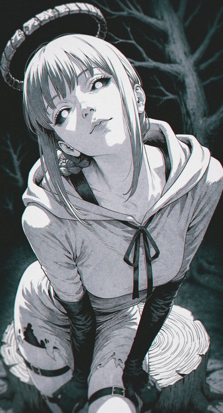 (realistic greyscale manga\(theme\), linear hatching, hatching \(texture\):1.1), ultra-detailed shot by fujimoto tatsuki \(style\), (brutal, cruel,:1.2),
very awa, masterpiece, highres, absurdres, newest, year 2024, year 2023, safe general,
makima \(chainsaw man\),  1girl, mystical creature, solo, cowboy shot, (leaning forward:1.2), from above,
(distorted fisheye perspective:1.2), dutch angle, (foreshortening:1.2) close-up face, calm, nose, lips, 
torn clothes, (multiple black straps:1.2), long robe, torn robe, torn clothes, hood down, (black gloves, elbow gloves:1.1), pale skin, zettai ryouiki, multiple thigh straps,
(black sclera:1.3), white eyes, looking at viewer, solid halo, (head tilt:1.3), arched back, 
 (thick thighs:0.9), long arms, crossed legs, on tree stump, 
dark background,
medieval fantasy, illustration, ultra-detailed textures, dead tree branches on background, (dutch angle, perspective:1.2), 
<lora:takayanagi_katsuya:0.45>, <lora:lora:0.5>,