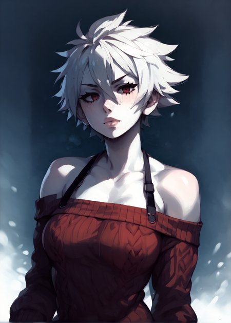 white skins, spiky red short tomboy hair, neutral expression, tight sweater, <lora:NAHIRI:1> nahiri, 1girl, solo, short hair, breasts, bare shoulders, white hair, colored skin,  <lora:RD-MAnon-XLV1.1:1>  female,, source_anime, score_9_up,  score_7_up, score_8_up