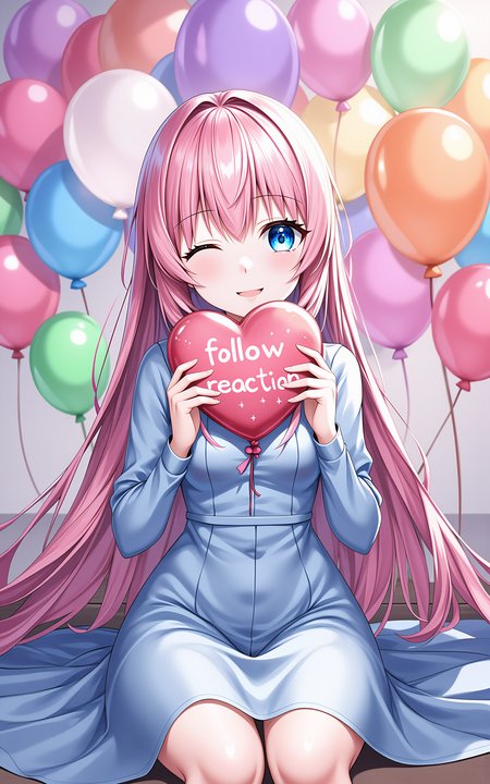 A pink long-haired girl wearing a spring-style long-sleeved dress in elegant blue,surrounded by a burst of colorful balloons in various shapes and hues,sitting casually,facing front,both hands gently holding a heart-shaped balloon close to her chest,the balloon has glowing letters âfollow reactionâ written on it,heart-shaped sparkle overlay,dreamy saturated lighting from below,stylized shading,fantasy-inspired color tones,
<lora:hakaseayaka-base-02-flux:0.7>,hakaseayaka,blue eyes,long pink hair,anime-style,