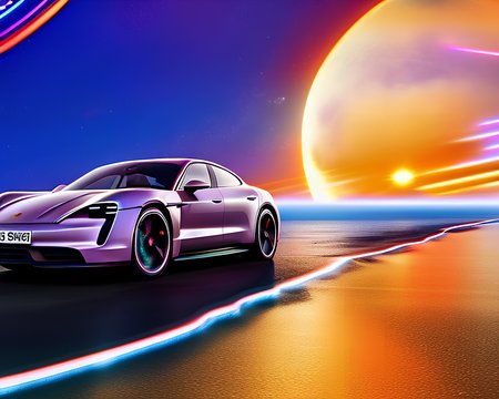 Porsche Taycan, space highway, front-side view, (cosmic background:1.1), (stars and planets:1.1), synthwave effect, (neon light:1.1),CarHelper, ActionHelper, PhotoHelper