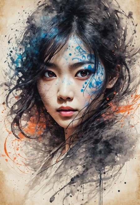 score_7_up, score_6_up, Ink illustration on parchment, portrait. A ghostly female, 30yo, Asian. traditional canvas outfits. intense, anger,  dangerous. Dynamic Mystical circle. Elements. Glowing eyes. Scars, Bokeh blur. dynamic motion, chaotic patterns, particles. Overlapping colors. Mystic color palette, BadDream, DEVIL SPAWN.