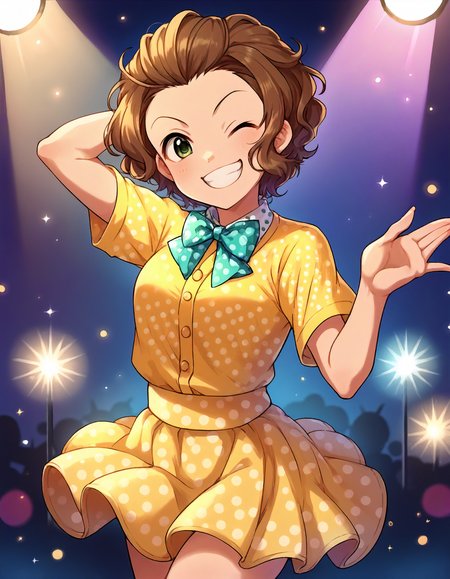 score_9,score_8_up,score_7_up,1girl,solo,cowboy shot,looking at viewer,smile,(grin:0.8),wink,stage lights,
<lora:nanbaemi_ponyXLV6:0.8>,cgne,
brown hair,short hair,wavy hair,green eyes,
polka dot bowtie,yellow shirt,yellow skirt