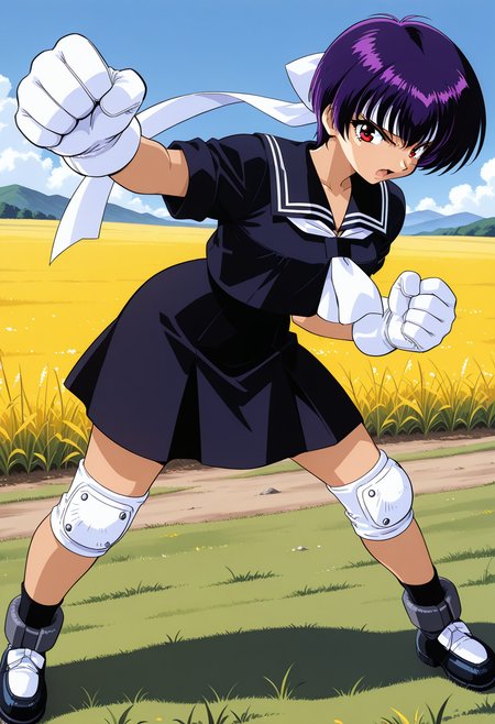 kawasaki_shinobu, red eyes, purple hair, short hair, headband, white gloves, huge gloves, school uniform, black serafuku, black sailor collar, white neckerchief, short sleeves, black skirt, <lora:asuka120_kawasaki_shinobu_illustrious_ver1:0.8> 
serious, open mouth, knee pads, full body, fighting stance,, masterpiece, best quality, general,, 1girl, solo, (field:1.2), (blue sky:1.2), looking at viewer,