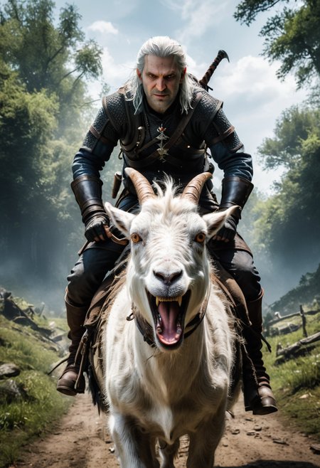 portrait the witcher trot rides on a (small:1.3) goat, sticking out his tongue, eyes, fights the monster, 8k, F2.8, RAW Photo, ultra detailed, light and shadow, wide angle <lora:xl_more_art-full_v1:0.7>