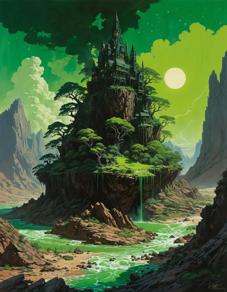 hyper detailed otherworldly landscape, minimal, arcane, dark, illuminated, epic, complex, beautiful, by Bijou Karman and by Arthur Suydam,  excellent composition, finest details, maximized details, ultimate detail level, highest aesthetics, painterly, brushstrokes, traditional oil painting style, intense vibrant harmonic Metallic Gray and Kelly Green hue