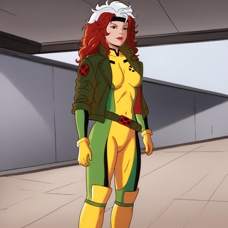 <lora:RogueTAS_pony_v1:1> RogueTAS, 1girl, yellow gloves, yellow bodysuit, green bodysuit, green jacket, multicolored hair, two-tone hair, belt, yellow footwear, white hair, red hair, brown hair, long hair, cowboy shot