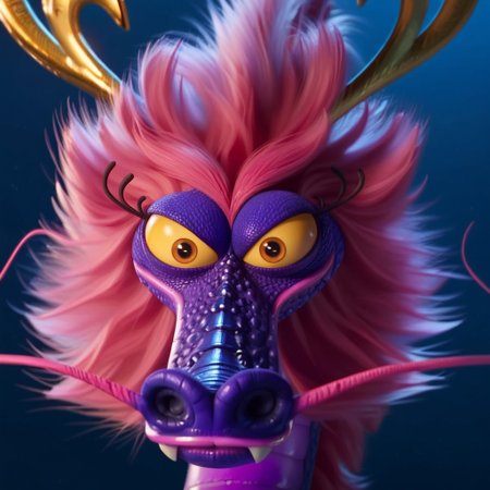 score_9, score_8_up, score_7_up, masterpiece, best quality, highly detailed, realistic, 1girl, solo, (BelleDG, furry, feral, scalie, eastern dragon, gold horns, pink hair, eyelashes, yellow sclera, brown eyes, black pupils, pink whiskers, pink lips, purple body, pink body, purple scales, pink scales, two tone body, two tone scales, pink fur, close-up), looking at viewer, smile, closed mouth, Expressiveh, blue background, simple background