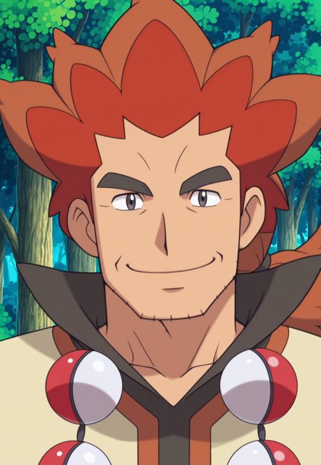solo, masterpiece, detailed, ultra hd, best quality, 1boy, male, official art, w0lfc0nf, modern, new, masculine face, daddy looking face

PokemonAlder, red hair, two-tone hair, ponytail, stubble, poncho, poke ball necklace, headshot, looking at viewer, smiling, zoomed in, head only, close up, forest background