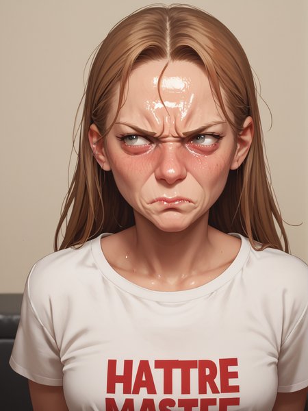 score_9, score_8_up, score_7_up, flat,
cartoon, woman, hatecum, disgusted, face,
masterpiece, best quality,
<lora:hatecum-pony-000004:0.8>