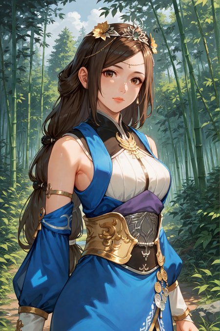 score_9, score_8_up, score_7_up, 1girl, solo, looking at viewer, cowboy shot, <lora:Cai_Wenji_Dynasty_Warriors:1> long hair, brown hair, brown eyes, jewelry, hair ornament, tiara, dress, detached sleeves, nature, bamboo