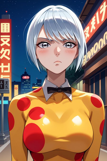 score_9, score_8_up, score_7_up, score_6_up, source_anime, 1girl, solo, <lora:shiroganesaiga-pdxl-nvwls-v1:1> kceleonore, silver hair, short hair, grey eyes, bob cut, yellow bodysuit, polka dot bodysuit, black bowtie, upper body, large breasts, bored, night sky, city, looking at you, hips, blush