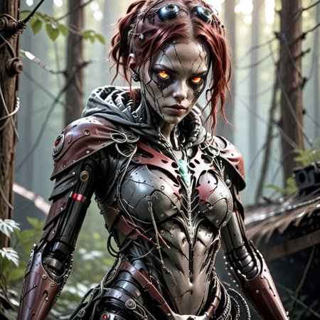 a full_body image of 1woman, solo,  a damaged dark red and grey rusted cyborg wearing tech clothes with fiber optical cables as hair, glowing red eyes, hyper realistic, intricate,overgrown junkyard in the forest,  daylight, sun rays <lora:Cinematic_Robot_Cyborg:0.8> <lora:intricate_details:1>