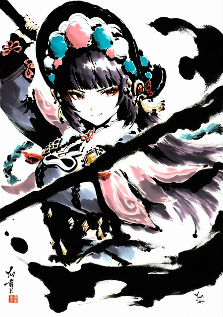 masterpiece,best quality,<lora:yi-noob:1>,ink wash painting,traditional media,
1girl,solo,yun jin \(genshin impact\),hat,smile,upper body,holding weapon,simple background,purple hair,messy hair,braid,white background,chinese clothes,pose,spear,