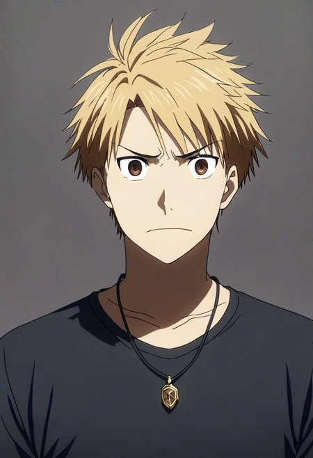 high resolution, solo, best quality, 1Boy, Yamato Ishida, Blond Hair, Necklace, potrait, dark shirt, looking at viewer, focused gaze forward, simple background, straight body, upper body, head upright, envy, OverallDetail