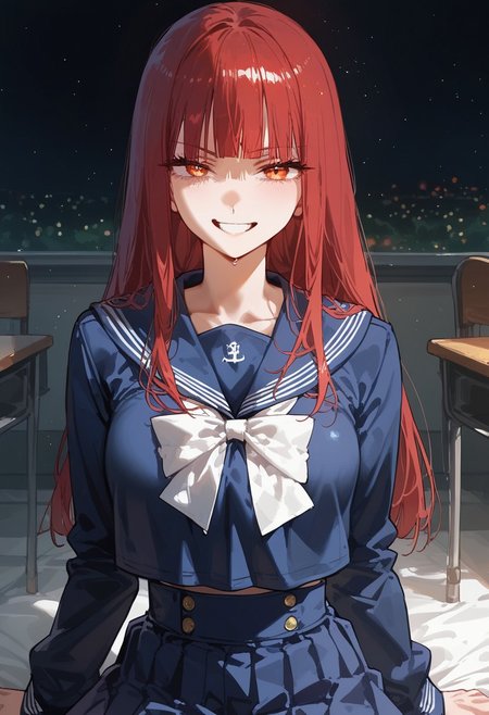 score_9, score_8_up, score_7_up, score_6_up, score_5_up, score_4_up, source_anime,
masterpiece, detailed, detailed body, 
, (((waist up view)))
volumetric lighting, vibrant colors, light particles, godrays, warm light, 1dk, Expressiveh 
   shiny, shiny skin, skindentation, 
 1girl, solo, <lora:zs_SahoriXL_1:1> sahorismtv, long hair, blunt bangs, red hair, blue serafuku, long sleeves, blue skirt, white pantyhose, night, school classroom, evil grin, looking at viewer,  , sitting,
 Expressive eye,
Expressionless,