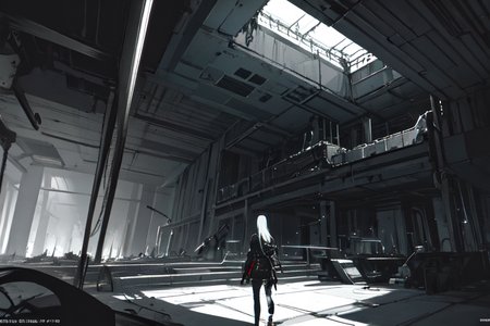 highly insanely detailed, masterpiece, top quality, best quality, highres, 4k, 8k, RAW photo, (very aesthetic, beautiful and aesthetic),  
tsutomu nihei,nihei_tsutomu,blame!,blame gakuen!,abara,TNstyle,sidonia_no_kishi,(tunnel,space,spacecraft,sidonia \(ship\),mausoleum,tower,city ruins),letterboxed,wire,dark sky,black sky,fence,machinery,cables,tubes,industrial pipes,air conditioner,clouds,light particles,star \(sky\),starry sky,dome,tentacles,concrete walls,metal walls,lantern,walkway,buildings,gauna,gauna mech,bones,drainpipe,ventilation fan,ventilation shaft,smoke,fog,mist,steam,foggy, 
<lora:blameLora_v10:0.6>, 
(1girl:1.3), 
solo focus, 
at night,âââ