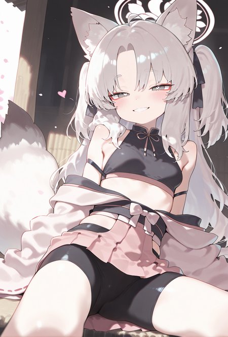 score_9, score_8_up, score_7_up, 1girl, <lora:Kuzunoha:1>, general, (atte nanakusa:1.10), (lakilolom:0.85), (dojirou:0.95), (musouzuki:1.05), grey eyes, white hair, long hair, curtained hair, two side up, animal ears, fox ears, fox tail, fox girl, red eyeliner, japanese clothes, kimono, black top, bike shorts, pants, pink skirt, small breasts, pale skin, open clothes, halo, smile, lying, (heart-shaped pupils:1.2), blush, masterpiece, best quality, amazing quality, very aesthetic, absurdres, newest, scenery,  <lora:deal360acv illustrious 006:0.45>, <lora:dj_sloppa_ill_v2:0.2>, <lora:nyalia:0.35>