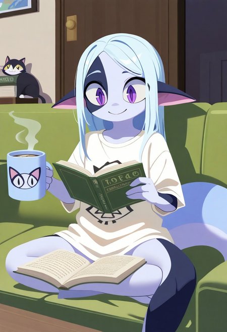 wisp, 1girl,solo,white hair,,pointy ears,,colored skin,furry,source_furry,
tail,
child, kid,
 solo, living room, long  hair, , oversized  shirt, large t-shirt,  sitting, reading book, holding steaming coffee mug, relaxed smile, cute, cat, cozy,
t4kar4i_illu, no_outlines, no lineart,
masterpiece, best quality, absurdres, [dynamic pose]