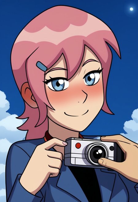 In the style of Kadath, 1girl, blue eyes, pink hair, pink camera in hand, blush, space train scenery, expressive eyes,