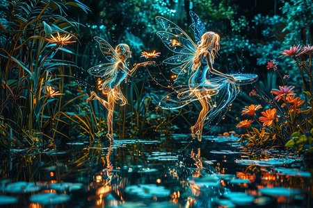 Close up photo of a ((water fairy)) gliding over a pond, reflections in the water, night scene. ral-exposure, in the style of double exposure, neon art nouveau, long exposure, wimmelbilder, layered lines, neonpunk, chiaroscuro, best quality, masterpiece, highres, absurdres, incredibly absurdres, huge filesize, wallpaper, colorful,8K,RAW, Style by J.C. Leyendecker. Canon 5d Mark 4, Kodak Ektar, 35mm,Long_Exposure <lora:ral-exposure-sdxl:0.400000>