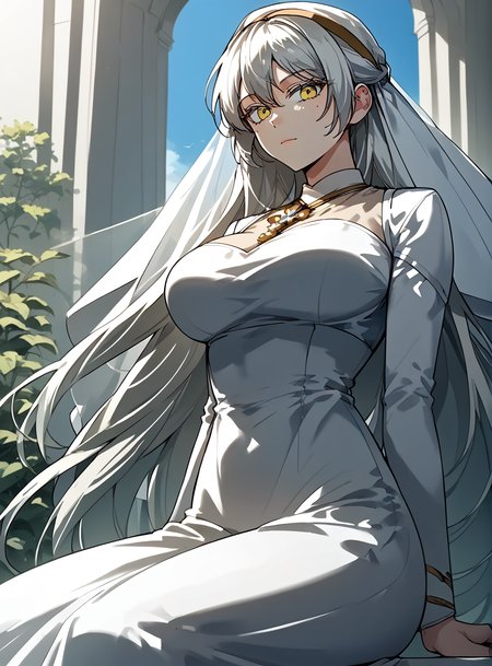 <lora:Saint_Riestar-000003:1>
1 girl, solo, white hair, long hair half up, yellow eyes, veil, white dress, long dress, <lora:!action-sdxl-V0.5:1>
zPDXL3, score_9_up, score_8_up, score_7_up, (Anime_source),Masterpiece,(perfect female body:1.2), small waist, (incredibly detailed:1.4), 1 girl, slim, beautiful fingers, beautiful white skin, Beautiful clear skin, (big breasts:1.4), ((looking at viewer)), big breasts, ass, perfect ass, sitting, from below, looking down,  <lora:light:1>