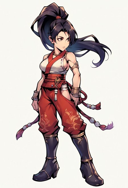 score_9,score_8_up,score_7_up,score_6_up, MikoXLP, black hair, brown eyes, ponytail,  huge breasts, red japanese clothes, hip vent, sideboob, knee boots, pants, ninja, operaomniastyle, full body, white background.  zPDXL3,