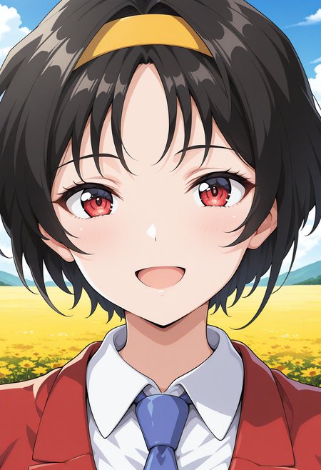 hayami_ryoko, red eyes, short hair, black hair, hairband, blue necktie, red blazer, school uniform, collared shirt, green skirt, <lora:fr_hayami_ryoko_illustrious_ver1:0.8> 
smile, open mouth,, masterpiece, best quality, general,, 1girl, solo, (field:1.2), (blue sky:1.2), looking at viewer,, (upper body:1.2), (close-up:1.2), (facing viewer:1.2), (open eyes:1.4), (portrait:1.2)