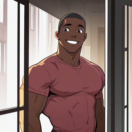<lora:DUKE:1>duke, solo, smile, short hair, shirt, black hair, 1boy, upper body, male focus, muscular, big pectorals, short sleeves, indoors, dark skin, grin, black eyes, window, dark-skinned male, red shirt, t-shirt, pink shirt, door, very short hair, very dark skin, locker, buzz cut, outdoors, teeth, building, motion blur, film grain, abstract, natural lighting, fantasy, cinematic, dynamic view, very awa, masterpiece, best quality, absurdres, newest, perfect quality, detailed background, intricate details, (artist:fl \(l-fl\):0.7), (artist:tooboshoo:0.7), (artist:dizdoodz:0.8)
