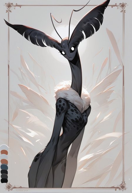 score_9, score_8_up, source_anime, concept art, ksf, a magnificent alien, a beautiful woman, large eyes, black sclera, white eyes, antennae like a moth, completely covered with fur, different parts of the body glow with spots on black skin, several thin long ears, a long curved neck, very thin, legs sharp prostheses
Show less