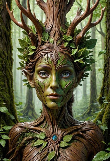 masterpiece, solo focus award winning portrait of a beautiful wooden dryad melted with the nature, intricate details,  mesmerizing grern eyes, wood skin, leaves covering her body, deer horns, flourishing nature, druidic