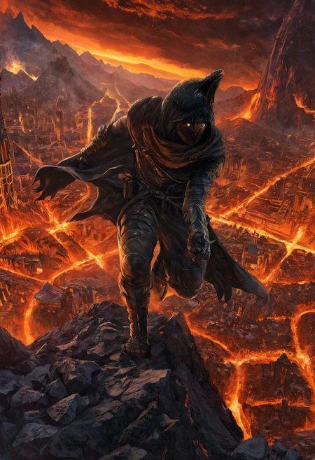The beautiful city is in the belly of a volcano, 1boy, a ninja wearing a thick vest climbs the walls of the mouth of the mountains, looking down on a cityscape in lava, hands and feet in a climbing pose, climb in the mountain rocks, action climbing pose in the wall, from above shot, close-up, ninja wearing scarf and vest, clad in flowing, future city ​​in the belly of a volcano, lava, obsidian rock, cityscape, future city, tall building, clock tower, tower, steam, glass, castle, road, crowd, groups of crows flying around, glowing, shiny, scifi, intricate artistic color, cinematic light, radiant, vibrant, perfect symmetry, Grayscale, Dramatic spotlight, highly detail, Hyperrealistic 8k resolution Incredible details A masterpiece,