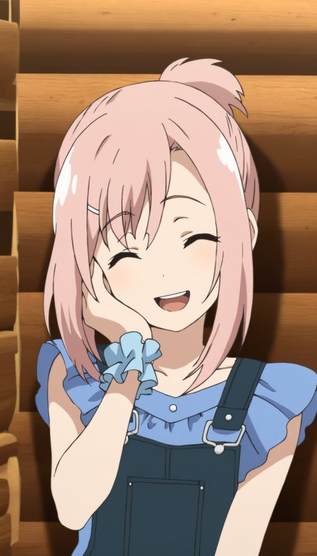 masterpiece,best quality,amazing quality,
<lora:yoshinokoharuNAI:1>,yoshinokoharu,
1girl,solo,pink hair,short hair,white hairpin,bangs,short ponytail,deep blue denim overall,blue sleeveless blouse with trim,blue wrist cuffs,portrait,closed eyes,open smile,hand on own cheek,indoors,wooden interior,