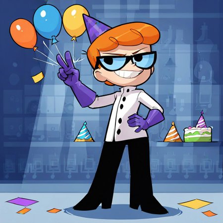 score 9 up, score 7 up, score 8 up, 1boy, short male, <lora:dexter:0.8>, solo, lab coat, purple elbow gloves, eyewear, orange hair, dexter, black pants, black shoes, standing, looking at viewer, laboratory, smirk, party hat, confetti, balloons, birthday cake on table, giant computer, peace sign, hand on hips, machinery