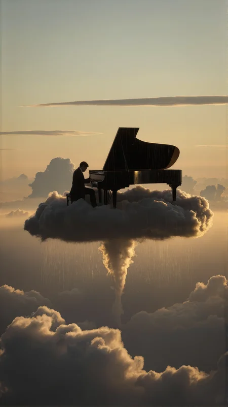 Surrealism, long shot view, a black grand piano rests atop a rain-soaked cumulonimbus cloud. A pianist clad in a tailcoat performs passionately on the instrument. Sparse cloud formations surround the scene at 10,000-meter altitude, with the rising sun casting morning alpenglow that gilds the entire vista in golden tones. Backlighting creates dramatic silhouettes of both piano and pianist against the luminous skyâââ