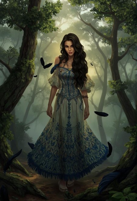<lora:ck-LttleGhost-000011.safetensors:1> in the style of ck-lttlegh0st
In the heart of a dense, foggy forest, the air hums with the quiet whispers of ancient trees and the gentle rustle of leaves. A woman, perhaps in her late twenties, with olive skin and dark, wavy hair that cascades down her back, stands in the center of a clearing. She wears an enchanting folk-inspired lace dress, its intricate geometric patterns woven in rich blue and earthy tones. The dress, made from a lightweight, breathable fabric, falls gracefully to the ground, its hem gently swaying with the light breeze that stirs the forest.
Accented with black feathers, the dress exudes a unique, bohemian charm, enhancing the woman's serene expression. Her eyes, a deep brown, reflect the calm and tranquility of the moment, a stark contrast to the shadows that once lingered within her. The fog around her seems to part slightly, allowing a soft, golden light to filter through the canopy, casting a warm glow upon her.
Her presence in this mystical setting is both ethereal and powerful. The forest, with its whispering trees and gentle mist, mirrors her internal transformation. The dark, oppressive feelings that once weighed heavily on her soul are slowly lifting, replaced by a sense of purpose and hope. As she stands there, the world around her seems to acknowledge her renewed spirit, as if the very earth and sky are conspiring to lift her spirits and guide her on her journey toward healing.