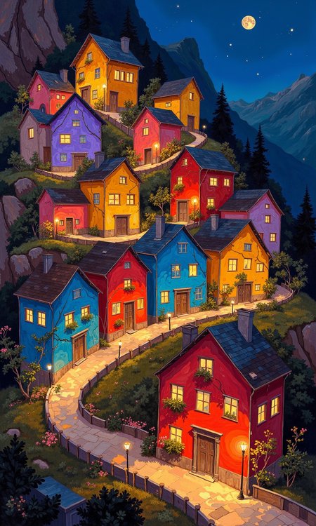 A vibrant, detailed artwork depicts a quaint, hilly village at night. 
Colorful buildings, various shades of reds, oranges, yellows, blues, and purples, line the slopes.  Each building has distinct architectural details, including varying roof styles, numerous windows, and detailed doorways, creating the impression of individuality. 
Many windows are lit, casting warm, inviting glows that contrast with the dark, slightly shadowy landscape surrounding the homes.  Small, decorative lamp posts are featured on some of the streets, adding to the ambiance of the scene. 
The backdrop suggests a rugged, mountainous terrain, rendered in dark gray and brown tones. The darkness creates a strong contrast with the brightly lit buildings, drawing the viewer's eye to the village's charm. A sprinkling of what appears to be light, glittery particles or glow points are dispersed throughout the scene, suggesting a night-time atmosphere.  Small, dark, stylized trees are interspersed within the scene as well.
<lora:FLUX-daubrez-DB4RZ-v2:1> DB4RZ, DB4RZ style painting