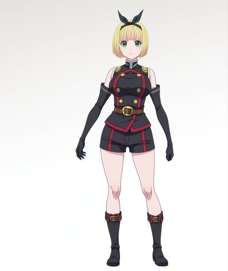 official art, absurdres, highres, anime coloring, hi res, best quality, masterpiece, 2d, intricate details, 4k,
1girl, solo, long hair, short hair, bangs, blunt bangs, blonde hair, green eyes, hairband, black hairband,
breasts, medium breasts, double-breasted, gloves, shorts, sleeveless, black gloves, elbow gloves, belt, black shorts, buttons, boots, black footwear,
looking at viewer, full body,
depth of field, white background, gradient background, mato seihei no slave, shushu suruga, <lora:Shushu_Suruga_ILXL:1>,