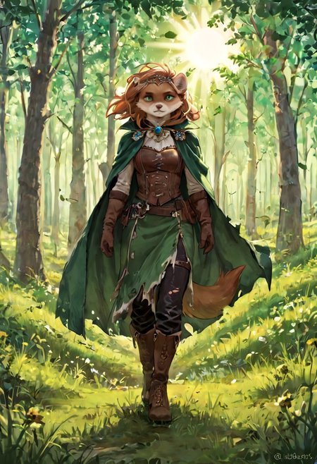 score_9, score_8_up, score_7_up, score_6_up, solo, stoat, beige fur, freckles, fantasy clothes, green clothes, blond hair, green cape, female, forest background, lush field background, field, sun, weasel, green eyes, fullbody, bright hair, leather gloves, leather boots, torn black pants, green half-skirt, olive branch tiara, sun brooch