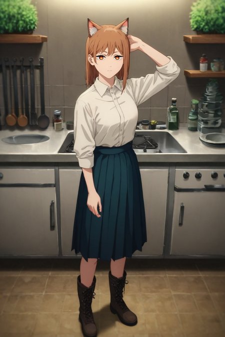 score_9, score_8_up, score_7_up, source_anime, rating_safe, intricate details, semi-realistic, looking at viewer, depth of field, 1girl, coral eyes, ash brown hair, collared shirt, pleated skirt, cat ears, coral footwear, boots, solo, rule of thirds, kitchen, indoors, dark, arm up, expressionless, <lora:chainsaw_man_style_pony:0.66>, chainsaw_man_style, , <lora:sdxl_lightning_8step_lora:1>