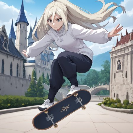 freebo_kickflip, high quality, absurdres, 4k res, masterpiece, skateboard, solo, jumping, air, source_anime, score_7_and_up, good hands, good eyes, 1girl, Elentzia_TR, pale blonde hair, ponytail, gray eyes, castle background, freebos_smoothiestyle