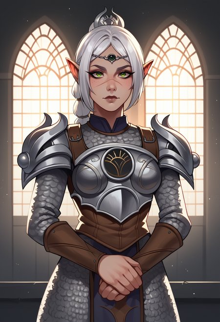 score_9, score_8_up, score_7_up, score_6_up, 1girl, solo, medium breasts, white hair, detailed background, church window background, vitrage, sun shine, muted colors, dynamic angle, hands crossed on bottom,
<lora:Enia_-_Artist_style_model_by_SulfurSniffer-000005:0.8> ss-3n1a,  <lora:ShadowheartBG3PDXL_V1-Manityro-adamw:0.7> ShhBG3, green eyes, freckles, nose scar, pointy ears, long hair, ponytail, white hair, parted bangs, ShhArm, circlet, chainmail, armor, shoulder armor, breastplate,