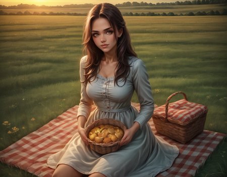 food, picnic, grassy field, basket, masterpiece, detailed, soft lighting, realistic