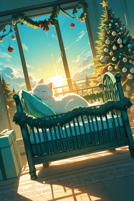 realistic shading, natural lighting, teal theme, cat, white fur, animal ears, closed eyes, animal tail, dacrib, christmas-crib focus, dacrib_christmas ornaments, no humans, indoors, day, fireplace, sunrise, cloud outdoors, christmas tree, dutch angle, dynamic angle, intricately detailed illustration, masterpiece, best quality, amazing quality, very aesthetic, absurdres, newest