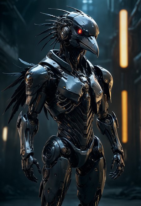 sci-fi, designed by James Paick, digital art, (robot Raven:1.2), it is dressed in cybernetics, its cybernetics is inspired by the 90's anime, in focus, Fantasy, dramatic lighting, anime style, high quality photography, 3 point lighting, flash with softbox, 4k, Canon EOS R3, hdr, smooth, sharp focus, high resolution, award winning photo, 80mm, f2.8, bokeh