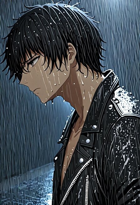 high resolution, solo, best quality, 1Boy, Seiya Kanie, black hair, short hair, thin, heavy rain, night, looking down, sad, leather jacket, looking away, wet, wet hair, OverallDetail