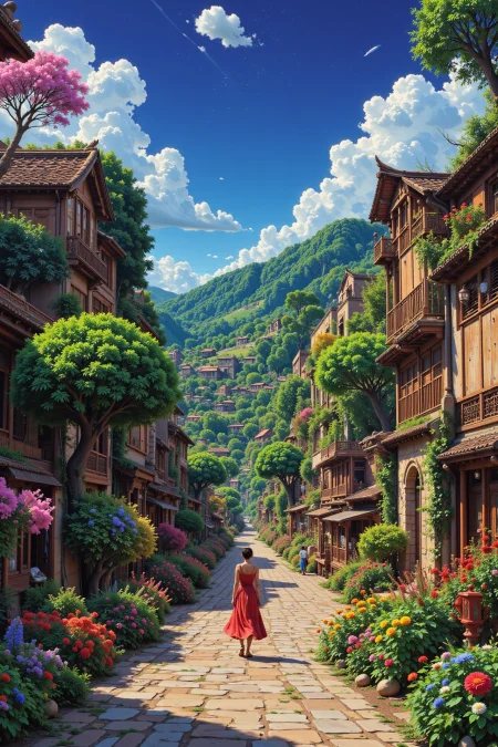 alley beautiful  landscape, noon, woman, very intricate, very detailed, sharp, bright, colorful, <lora:Hand v2:0.5> <lora:Anti-Blur:1><lora:Insane Detail Slider:0.25>  <lora:flux.1_lora_flyway_Epic-detail_v2:0.3> <lora:fluxenhancer:0.25> <lora:90s-anime:1> retro anime, 77oussam 90s, studio ghibli style, 1990s anime