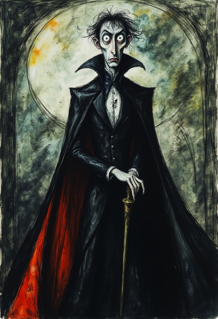 c4r1c4t8r3  Count Notfaroutoe, Discworld vampire, noble lineage, tall and gaunt, pale skin, aristocratic features, jet black hair, luxurious clothing, deep colors, burgundy, midnight blue, flowing cape, high collar, intense eyes, sharp fangs, eerie grace, predatory demeanor, old-world charm, menacing presence, fantasy setting.