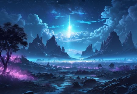 serene night, beautiful sky, apocalyptic, silhouette, Complex landscape, best quality, pastel colors, light blue tint, aesthetic Ethereal, Effulgent, Idyllic atmosphere, Tranquil, ethereal quality, cinematic volume, Twinkling lighting, glowing aura, global illumination, glowneon, Anisotropic Filtering, Unrivaled Opus, Unconventional, hyper detailed, HDR,