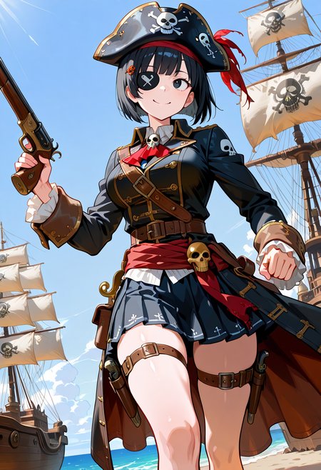 best quality, amazing quality, simple background,((outlined outlined vector graphics)),beautiful scenery,ocean,pirate ship,
   from below ,  looking away , 1girl,,solo, 20yo, black hair, black eyes, short bob hair, hair pin,mdeium  breast, slender,(white thigh strap:1.1), (glow eyes:0.7),happy,smile, cute face,pirate, pirate girl, eye patch,skull,skirt,  running ,  ,  action pose , ,hat , gun, pirate-outfit <lora:pirate-il-01:0.8>